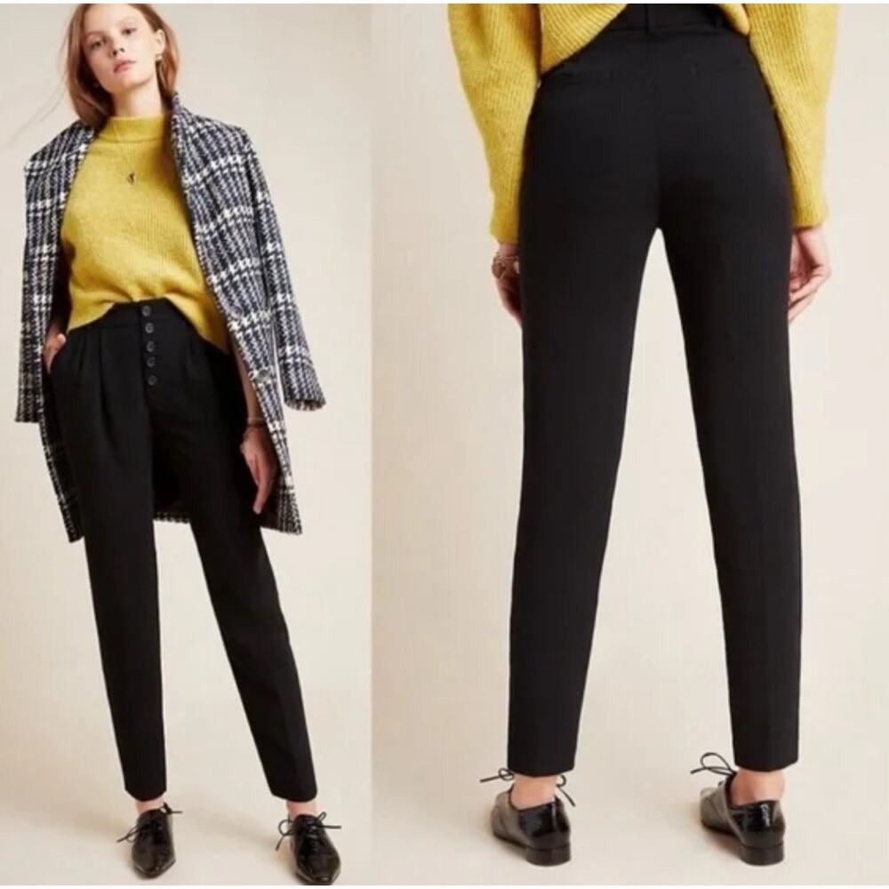 Anthropologie Sasha button Fly Tapered Trousers Black Button Front High Rise 2